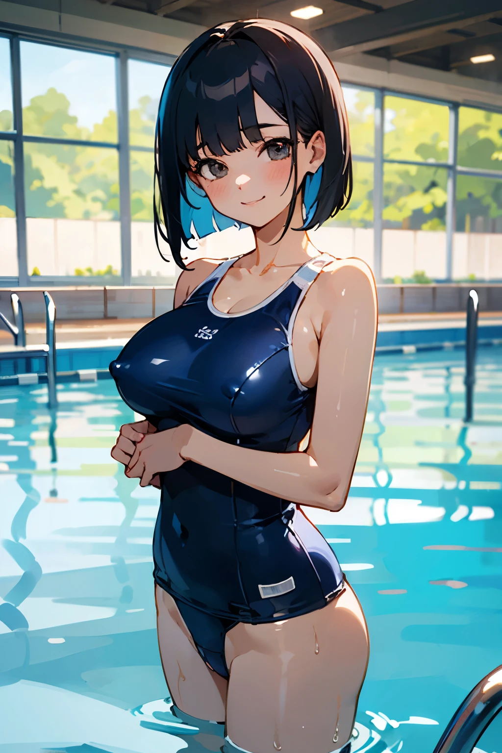 NSFW、In the best quality、 girl standing in swimming pool。In high resolution、Beautiful details、Quiet atmosphere。Black Bob Hair、Cute Smile.。Large Breasts、Cute School Swimsuit。