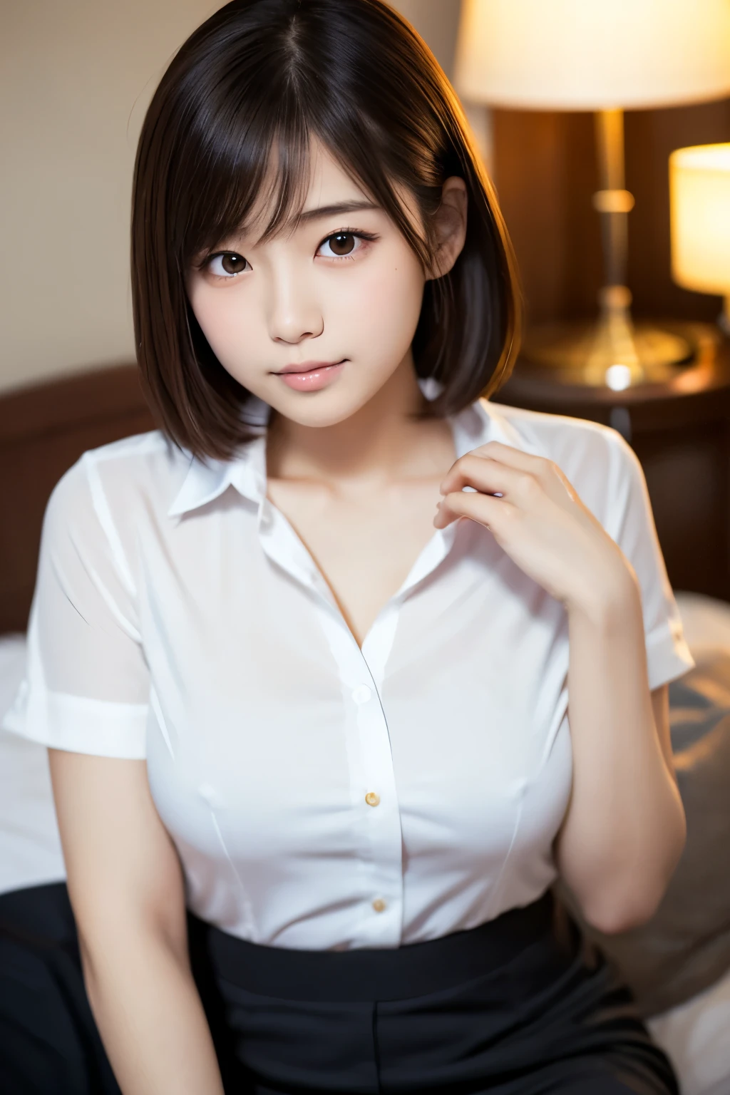 Girl cute beautiful face, Beautiful Japanese girl face, Short hair, Beautiful young Japanese woman, Young and pretty Asian face, Realistic young gravure idol, Young and adorable Japanese face, Gorgeous Young Japanese Woman, Cute young woman, Portrait of a female idol in Japan, Portrait of a Japan ager,Ample breasts、Beautiful buttocks、Beautiful feet、Japanese woman lying on a hotel bed, I can see her panties、,Smooth white tight clothing suit, Tight Skirt,Office Clothes, Elegant slim beige shirt, sakimichan, Wearing a blouse, Cream colored blouse, Business Attire, Quality white shirt, Work clothes, White blouse, wearing a White blouse, Business casual attire, Wearing a light shirt, Wearing a white shirt