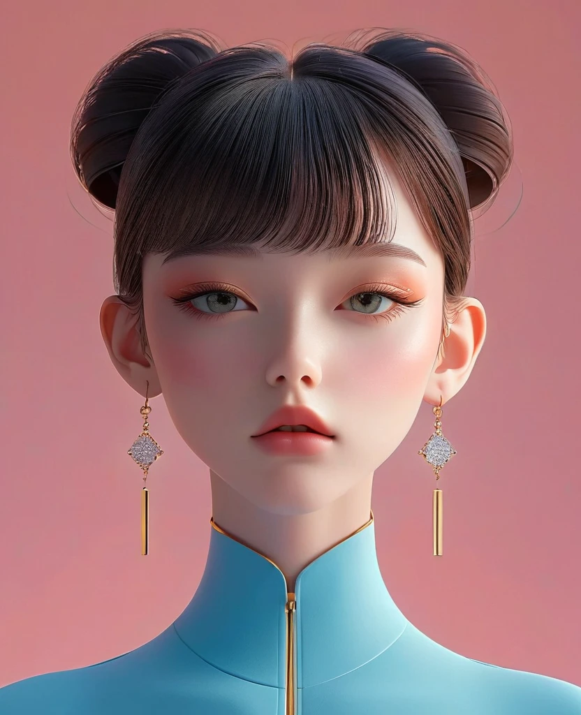 in the style of a 3D digital illustration, girl, front view, symmetric, minimalist, solid background, high resolution and ultrahigh definition, volumetric lighting. --ar 3:4 --niji 6