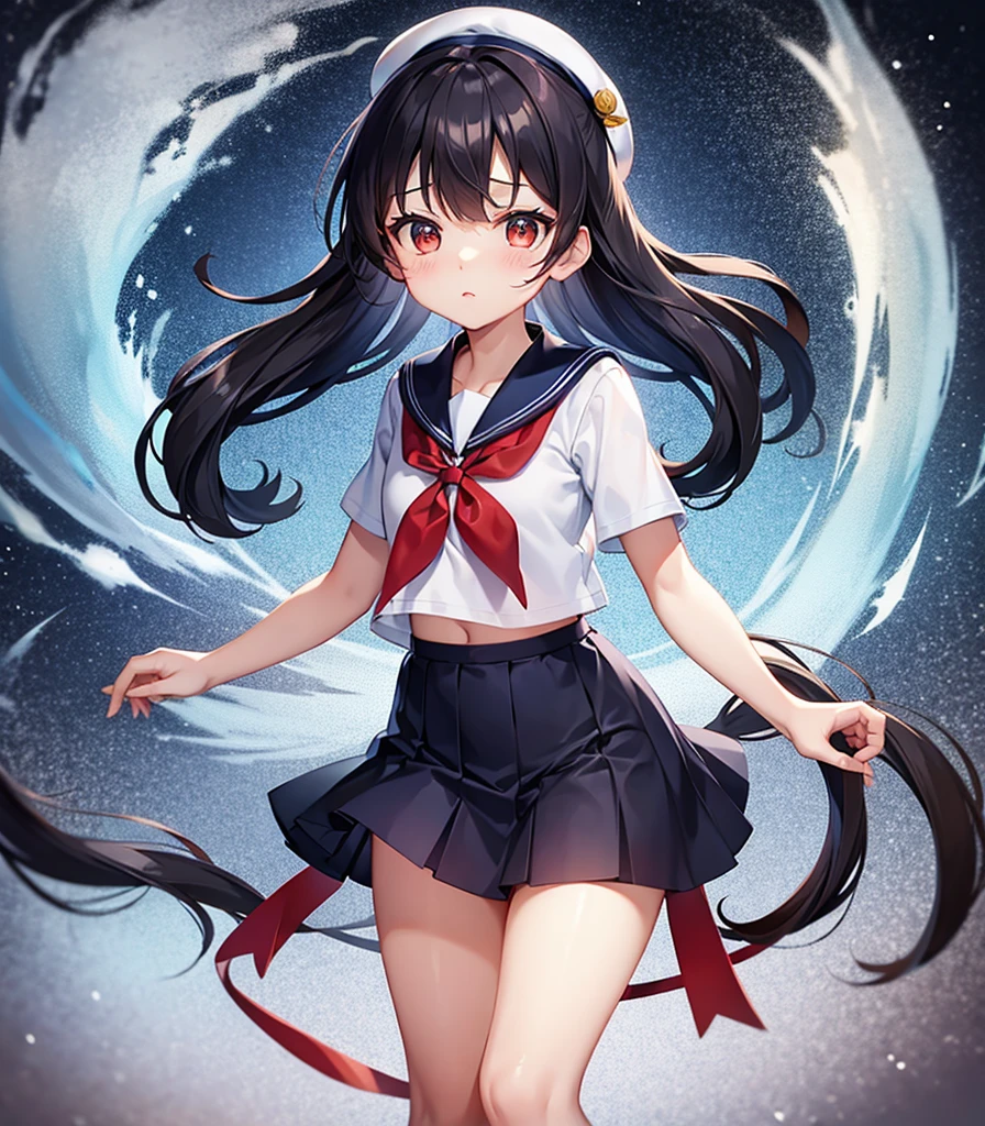 ((Sailor suit)),Big red ribbon,(mini skirt),beret,Cute little loli,Tiny Lori,Small girl,,Childish face, Very fine clean face,Top quality, Big eyes,Straight Hair,Yellow hair,Crimson Eye,(Dark Room), Subtle light, Natural light,Soft lighting,Light from directly behind, (Are standing), Cute pose, Open your hands, Showing the whole body,Front view,Black background