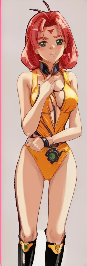 Natasha is standing blushing in an orange high-cut leotard that shows off her shoulders and thighs.。