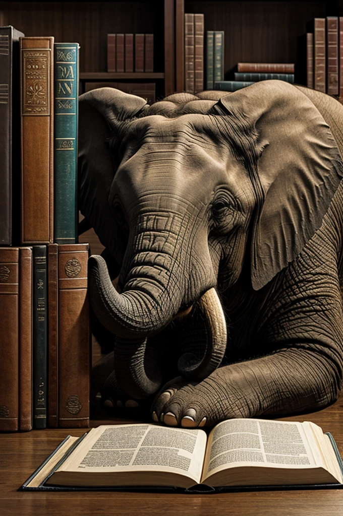 An elephant sitting between books and an old cover