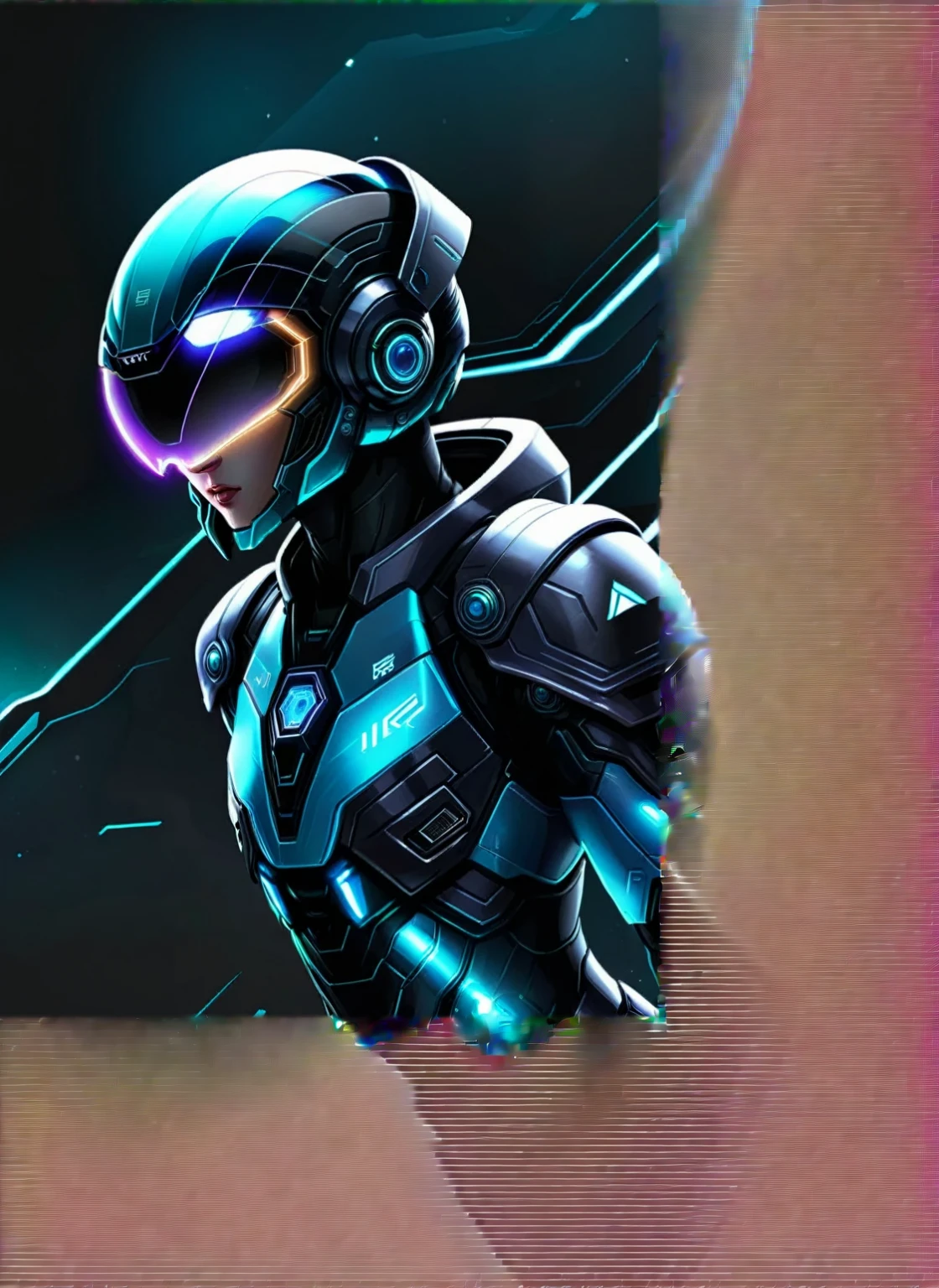 a close-up of a person in a futuristic suit with helmet, cyber suit, cyber universe style, with futuristic gear and helmet, girl in mecha cybernetic armor, cybernetic armor, cybernetic armor, cyber style, Tron, diverse cyber suits, clothed in cybernetic armor, cyber suits, cyberblack, cyber suit, roupas futuristas e capacete, cyber fighting armor