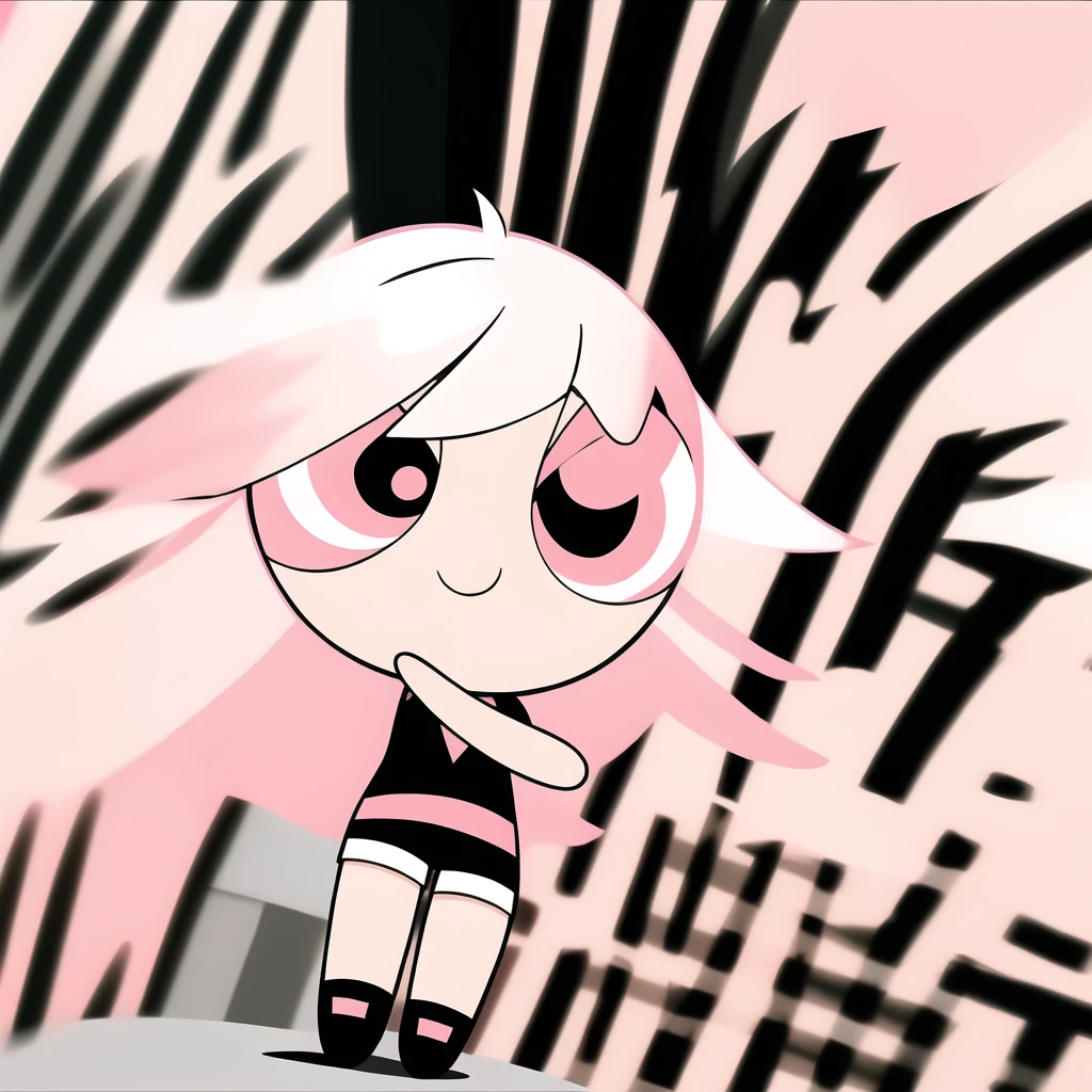 smile,chibi, full body, 1girl, white hair, pink eyes, black short sleeve shirt, black shorts,