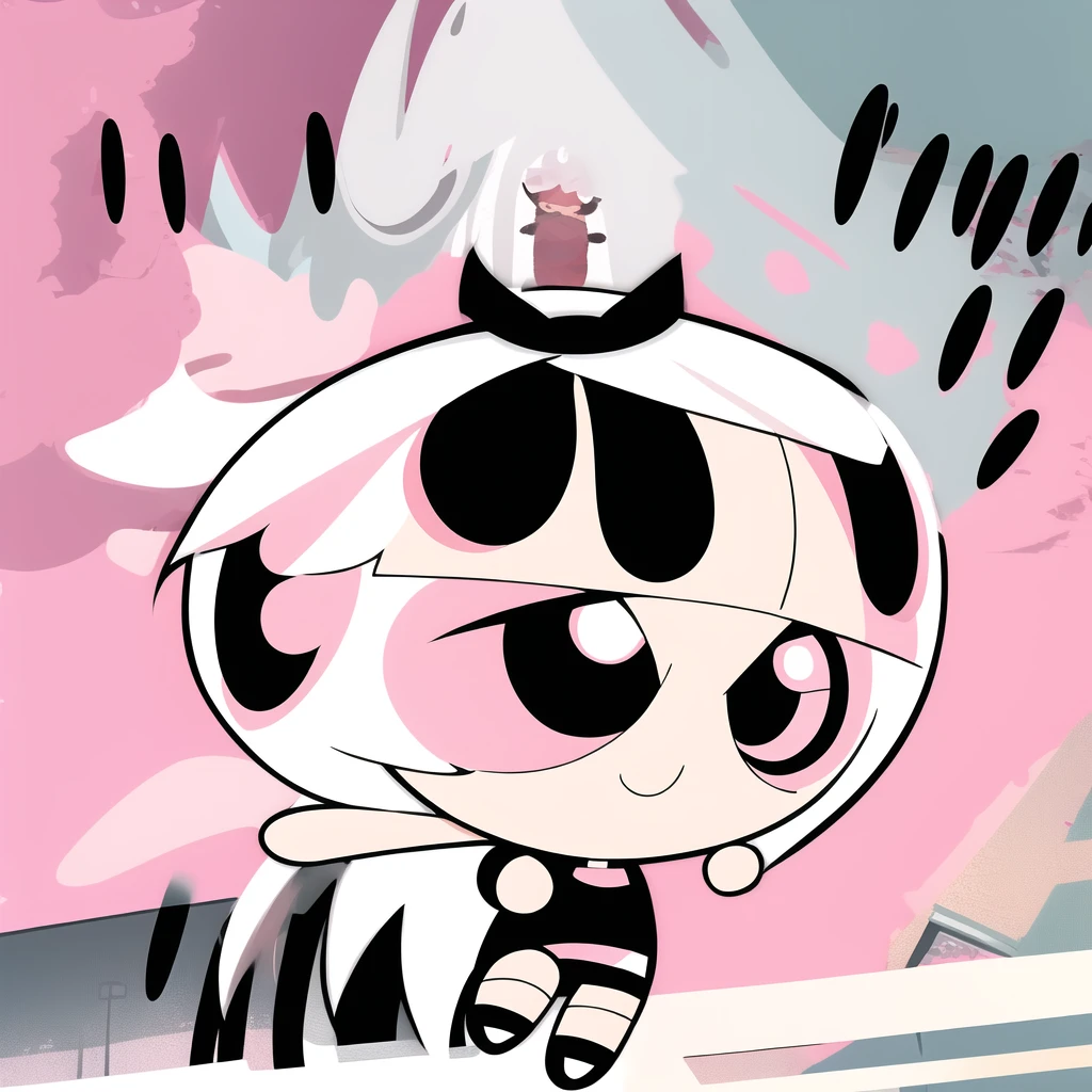 smile,chibi, full body, 1girl, white hair, pink eyes, black short sleeve shirt, black shorts,