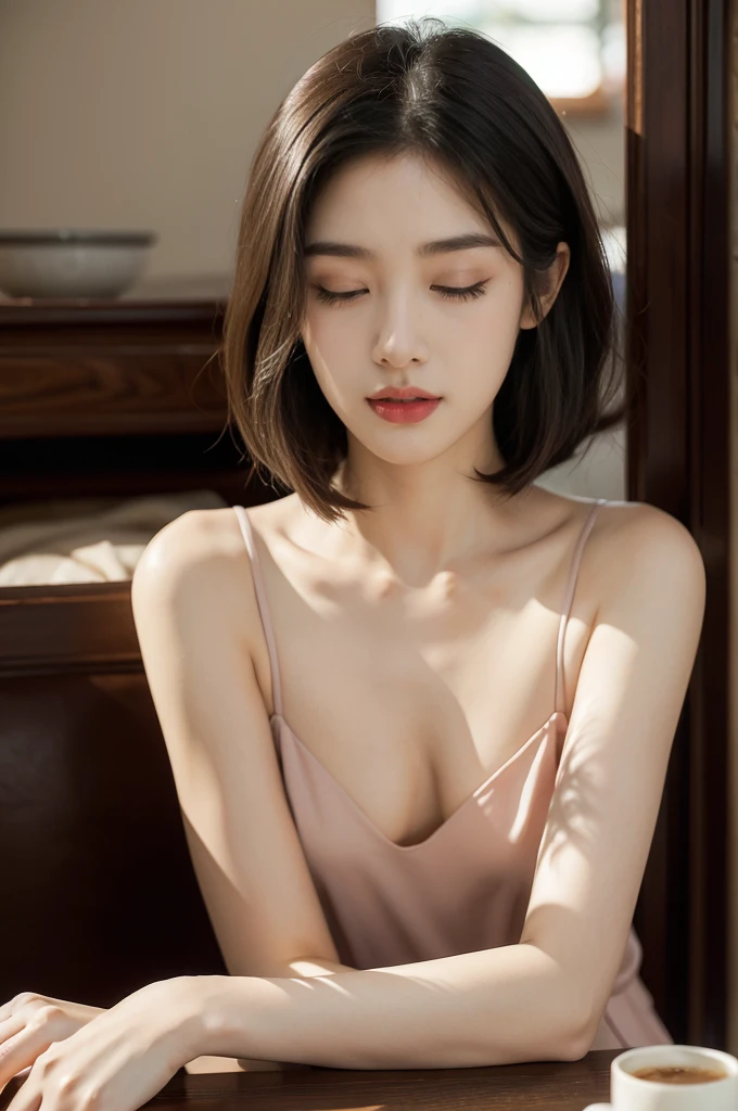 Lover's room, Men's beauty therapist, ((full body)), ((photo)), ((best qualtiy, 8K, tmasterpiece:1.3)), Focus:1.2, perfect figure beautiful woman:1.4, 1woman, cowboy shot, look at viewer, incredibly absurd, beautiful and cute woman with a photorealistic face, showcasing top-quality craftsmanship, A Japanese woman who works as a beauty therapist in a customer's room, 32 years old, straight black hair down to the jaw line, silky and straight hair, fair and clear skin, small face, straight nose, large round brown eyes, long eyelashes, plump cherry-colored lips, well-defined eyebrows, clean-cut face, long neck, beautiful décolleté line, , delicate, slender, beautiful C-cup breasts, pink uniform for therapists at men's beauty salons, silver necklace, silver watch, pretty older woman, beautiful, neat, soothing, devilish type, calm demeanor, soft-spoken, curious, likes alcohol, likes to try new things, mature, November