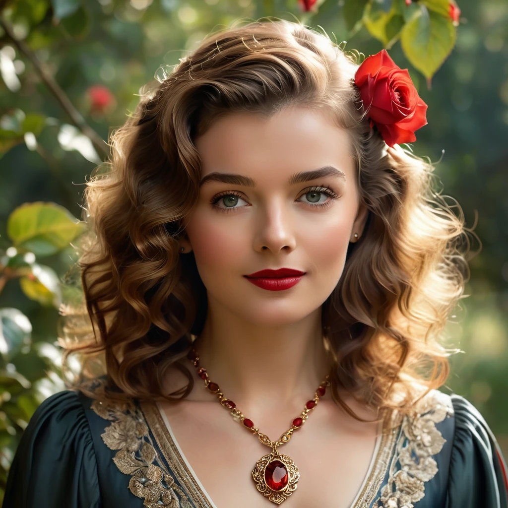 Create a highly detailed and realistic portrait of a young Katherine Hepburn with long, wavy brown hair adorned with red roses. She has striking, expressive eyes and a calm, composed expression. She is wearing a vintage-style outfit with a necklace featuring a pendant. The background is a soft-focus natural setting with warm, dappled sunlight filtering through the leaves, enhancing the serene and romantic atmosphere. The style should be hyper-realistic with a touch of romanticism. Photo Realistic photo, vibrant colors, 16k