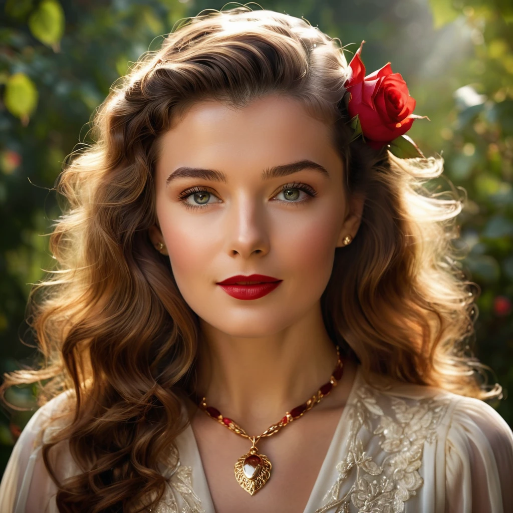 Create a highly detailed and realistic portrait of a young Katherine Hepburn with long, wavy brown hair adorned with red roses. She has striking, expressive eyes and a calm, composed expression. She is wearing a vintage-style outfit with a necklace featuring a pendant. The background is a soft-focus natural setting with warm, dappled sunlight filtering through the leaves, enhancing the serene and romantic atmosphere. The style should be hyper-realistic with a touch of romanticism. Photo Realistic photo, vibrant colors, 16k