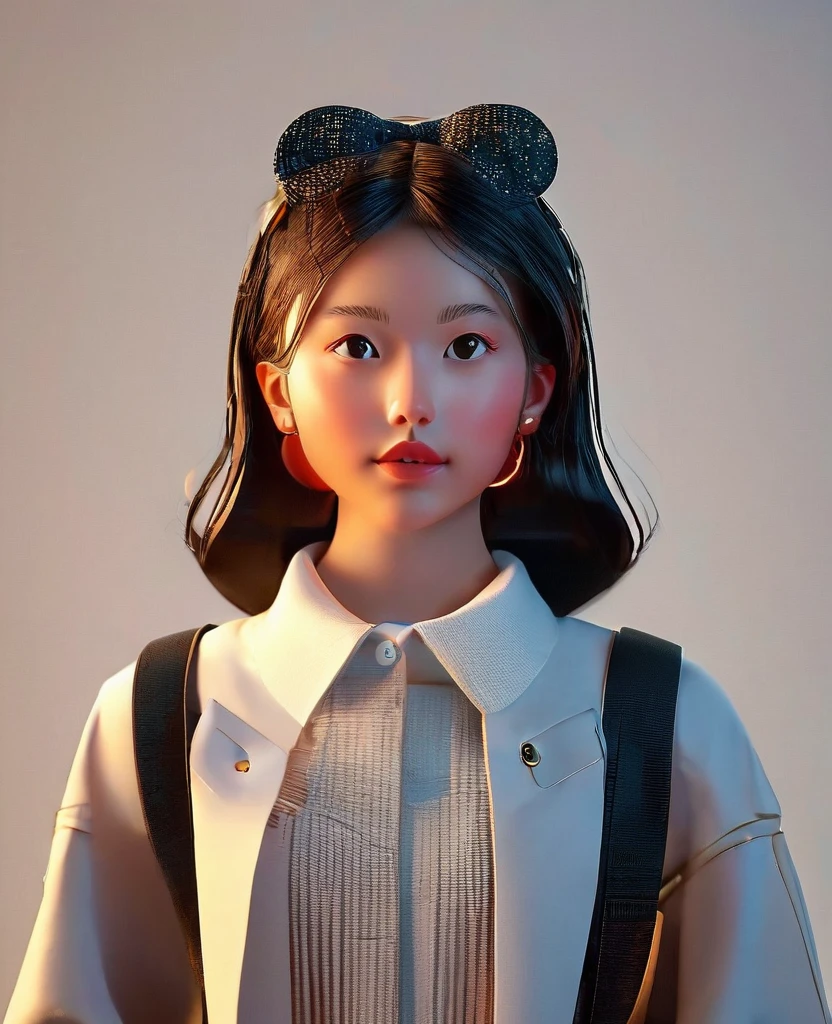 in the style of a 3D digital illustration, girl, front view, symmetric, minimalist, solid background, high resolution and ultrahigh definition, volumetric lighting. --ar 3:4 --niji 6
