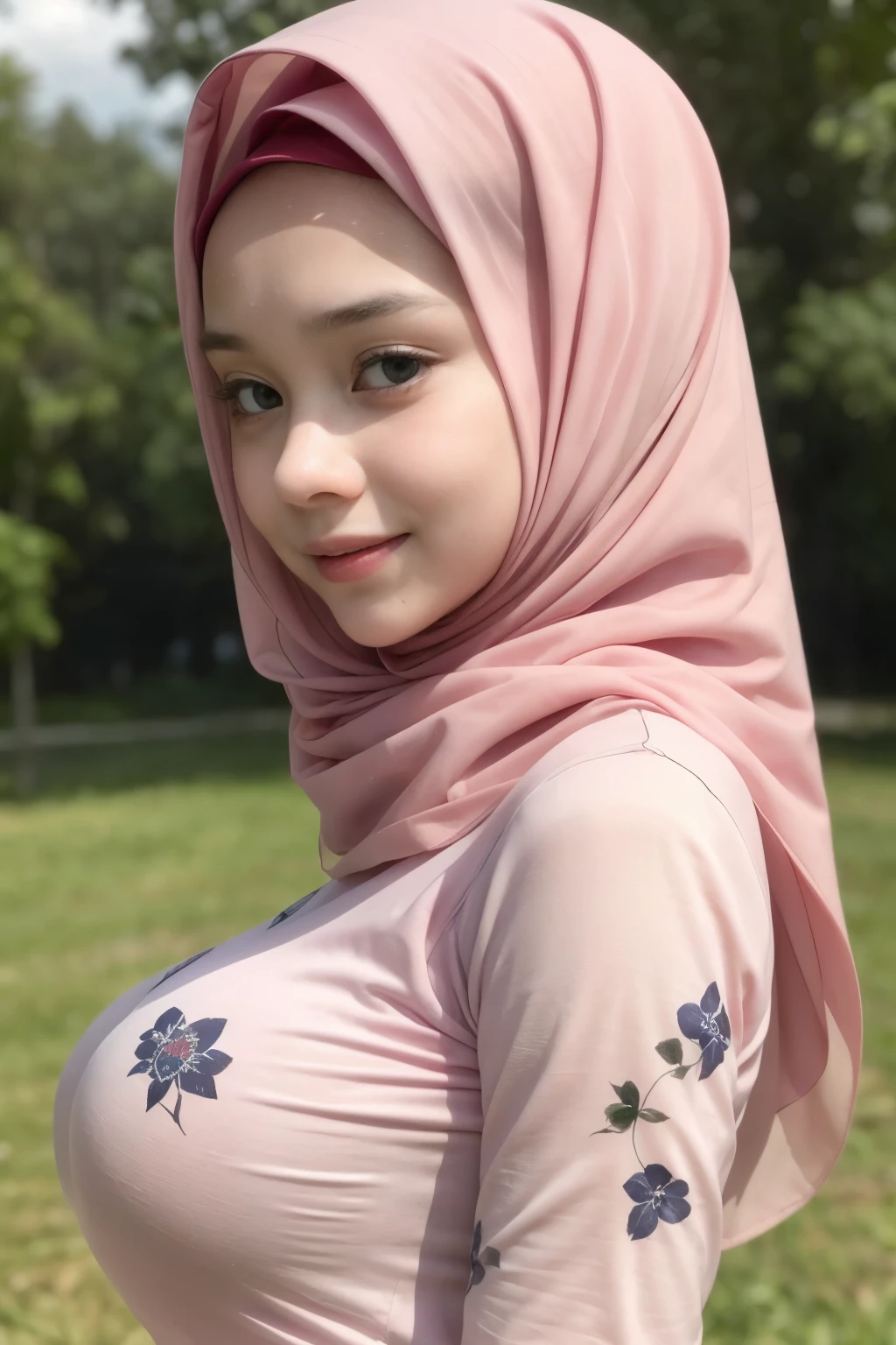 Chubby adorable, 1 girl, (face to face), , baby face, happy, half body portrait, (face details: 1), (eye details: 1), ((big breasts)). wearing transparent transparency softpink long shirt, hijab, .. Cute posed. proportional body. Ultra High Res. realistic: 1.4, UHD, (floral pattern), view from side seductive pose