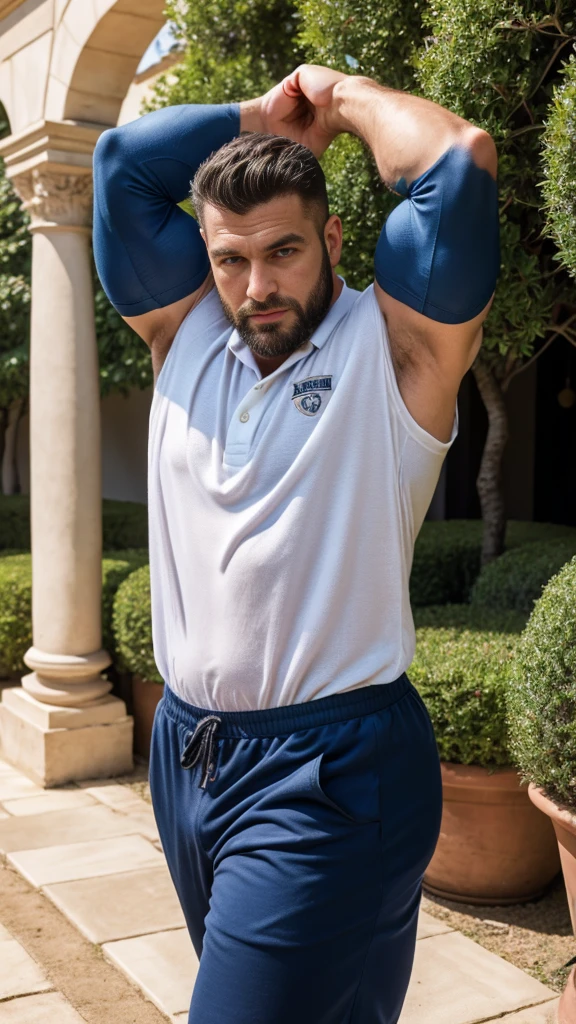 Handsome frances muscular man beard, strong and muscular legs, big lump, artwork,, super sexy in casual pants and caqui polo shirt with blackstripes 8k ultra realistic masterpiece great detail next to a font super muscular , sexy , en el egante jardín de palacio, 40 años de edad , de perfil , con los brazos arriba