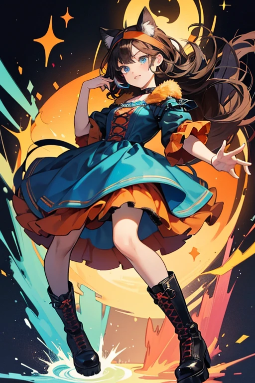 Can Do Kitty is a half black furred, half orange furred cat. She wears a blue dress and red headband, and four black boots. One of her eyes is blue and the other is green. She has brown hair in a swirl on top of her head with a black streak through it. SPARKLE; GLITTER
