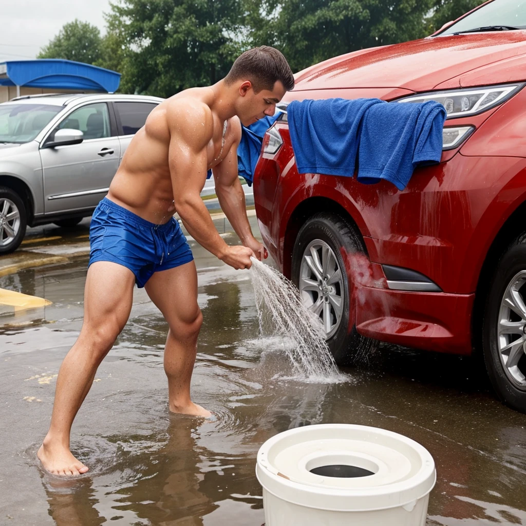 Soaking wey Frat bros in wet clothes wash each oyher at the car wash