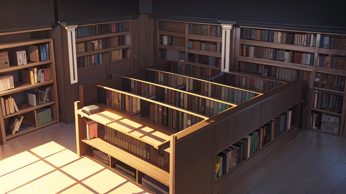 A narrow and dark study、The back wall is completely covered with bookshelves、The only furniture is a desk with a PC in the center.、No people、Front horizontal view