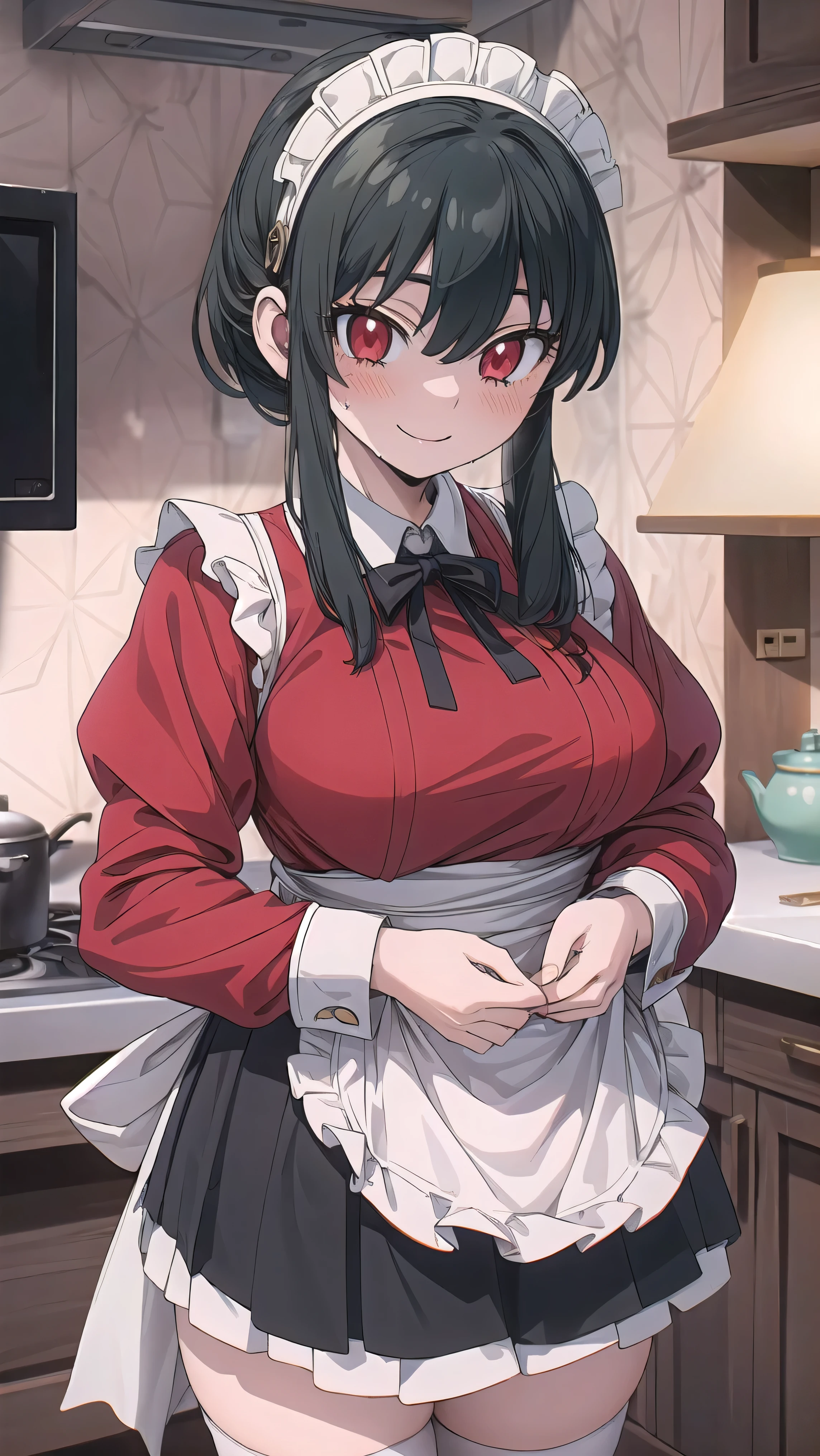 ((Masterpiece)), ((best quality)), ((insane detailed)), ((best quality)), ((ultra-detailed)), ((UHD 8k)), ((extremely detailed)), 16K, ((32K)), ((ultra high resolution)), ((epic)), ((beautiful)), ((body detailed)), ((face and eyes high detailed)), ((detailed sclera)), ((arms detailed)), ((hands detailed)), ((breasts detailed)), ((lengs detailed)), ((bigthighs detailed)), ((Clothes high detailed)), ((style anime)), ((2d anime)), ((insane detailed)), ((best quality)), ((ultra-detailed)), ((UHD 8k)), ((extremely detailed)), ((32K)), ((ultra high resolution)), ((epic)), ((beautiful)), ((beautiful details)), ((perfect focus)), ((8K wallpaper)), 4320p, ((high resolution)),(( exquisite texture in every detail)), ((Medium shot photograph)), ((perfect shading)), ((perfect coloring)), ((natural colors)), ((ultra quality image)), 1 girl, short hair, black hair, red eyes, wavy_hair, oversized breast, sagging_breasts, large_breast, eye_narrowed, blushing, sexy_smile, exposed_pussy, pussy.detailed, kitchen, Maid_Dres, thighhighs, wet pussy, nervous,