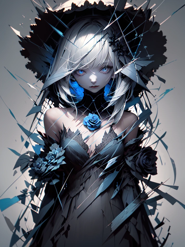 (masterpiece:1.2), highest quality, 1 female, alone, long long gray hair, very long hair, bangs, (dark blue background:1.4), dark blue eyes, black bonnet with dark blue rose decoration, black gothic dress