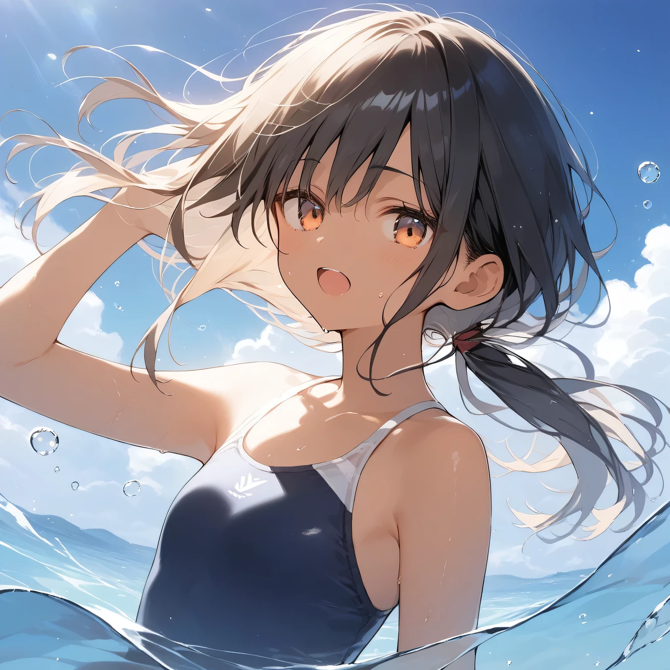 score_9, score_8_up, score_7_up, source_anime, best quality, masterpiece, official art, absurdres, highres, ultra-detailed,waifu2x,Collection: Slice of Life,break,1girl, tomboy, dark-skinned female, short hair, low ponytail, flat chest, beautiful detailed eyes, swimsuit, sweat, open mouth, (yawn:0.3), sleepily, swimming, outdoors, wind, break,(clear line illustration:1.2),very high resolution, very aesthetic, super detailed skin, Best sexual lighting powered by famous artist, 8k,cute picture,beauty illustration,photoshop_(medium),,(Detailed Lighting),best anime 8k konachan wallpaper, pixiv contest winner, 