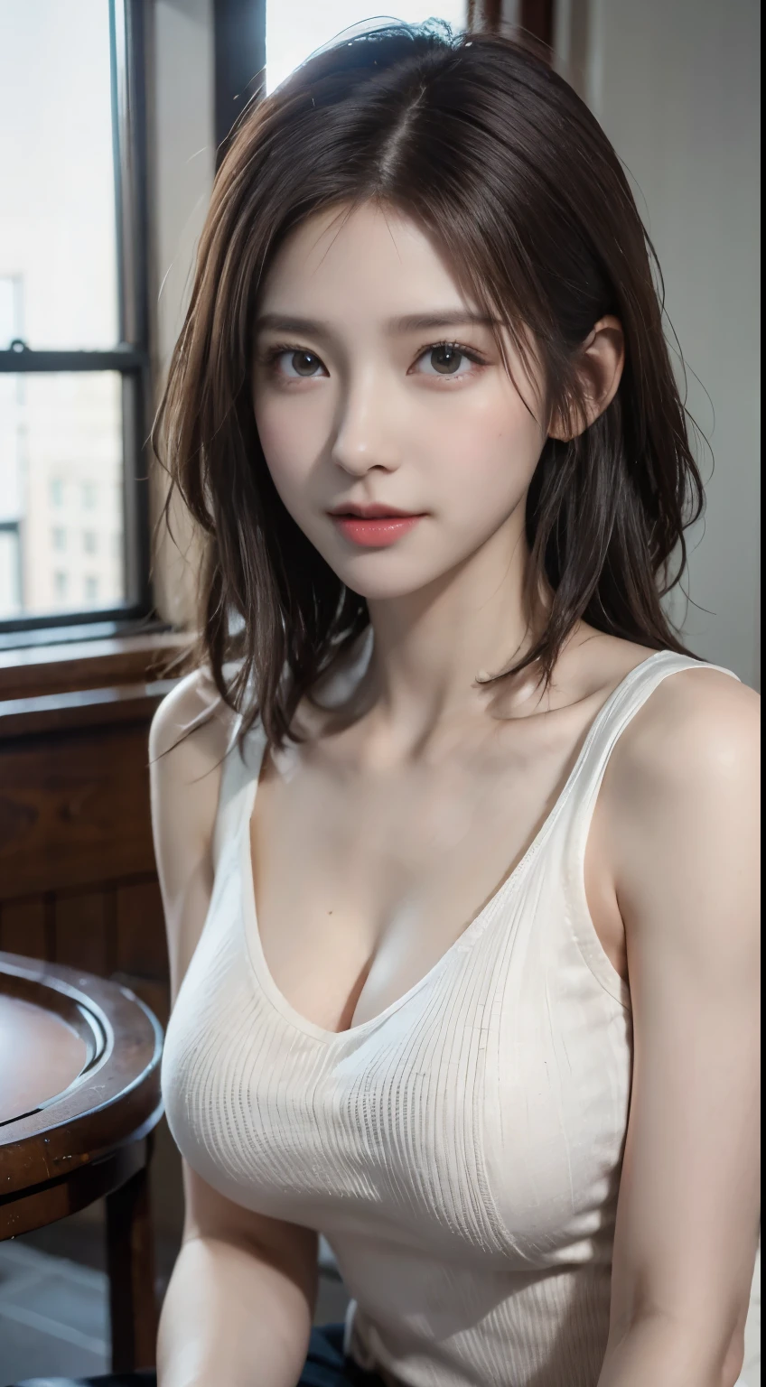 (logo, masterpiece, 8K, Tabletop, RAW Photos, wonderful, 最high quality, Photorealistic and very detailed CG composite 8k wallpaper, high quality, Very detailed, Narrative poem, Particle Effects, Dynamic Effects, Depth of the Boundary, Cinematic Light, Lens flare, Ray Tracing), short hair beautiful young woman, Hair tied back, high detail skin, very fine, fine skin texture, beautiful face, realistic eyes, beautifully detailed eyes, realistic skin, beautiful skin, surreal, smiling eyes, Hair and light eyes, Vibrant, Colorful lights and bokeh. The lighting casts a warm glow on her face and hair, Blue glow, Water surface reflection, Creates a dreamy and magical atmosphere, Big Breasts, Brown Hair, short hair, plump lower lip, pink blush on the cheeks , pink lips, brown tight no-shoulder knit sweater