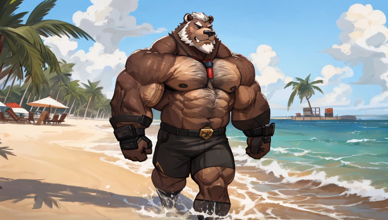solo, 1boy, Huge Muscular Old Grizzly Bear wearing glasses , pectoral, huge pectoral, wide pectoral, short white hair, short pants black wristbands and shirtless topless, bearded, Mustache, muscle beach background, frontside,
masterpiece, high detailed, 8k, high resolution, at the gym working out his chests on the cable crossover UF-T009 - UpForm machine carrying over 100lbs and 45kgs of weight equipments as pushing up to the limits