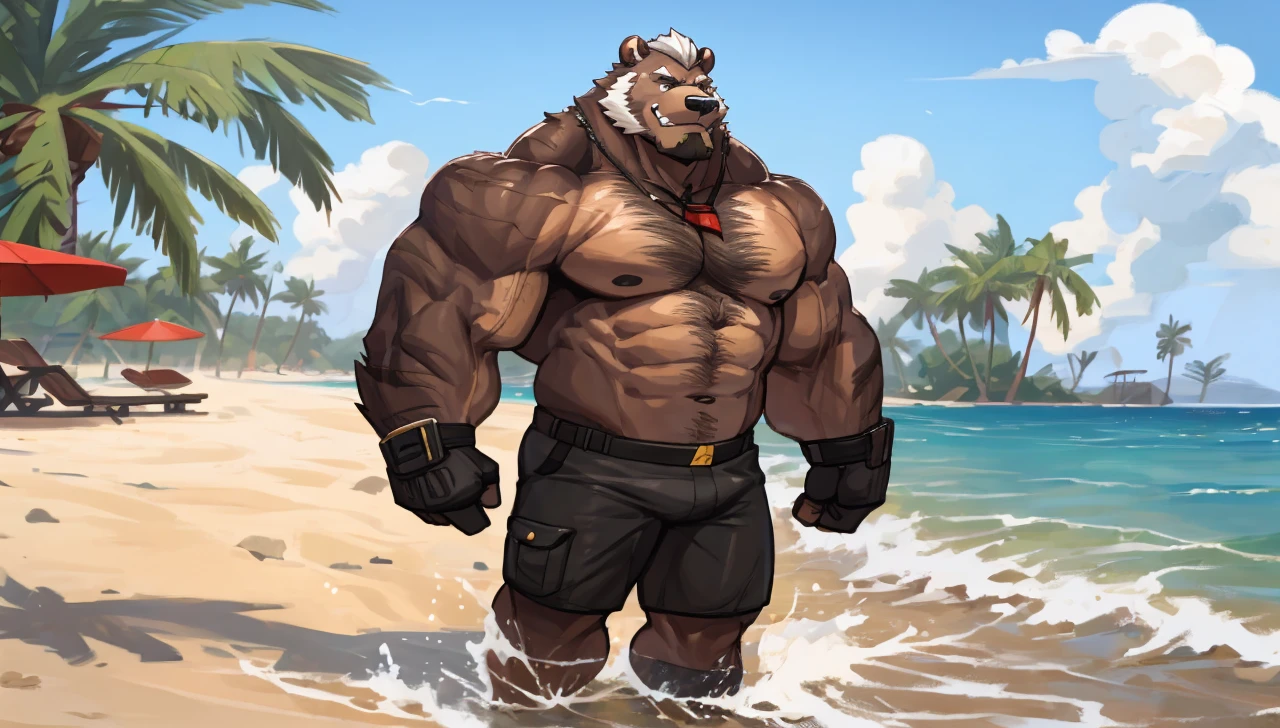 solo, 1boy, Huge Muscular Old Grizzly Bear wearing glasses , pectoral, huge pectoral, wide pectoral, short white hair, short pants black wristbands and shirtless topless, bearded, Mustache, muscle beach background, frontside, 
masterpiece, high detailed, 8k, high resolution, at the gym working out his chests on the cable crossover UF-T009 - UpForm machine carrying over 100lbs and 45kgs of weight equipments as pushing up to the limits