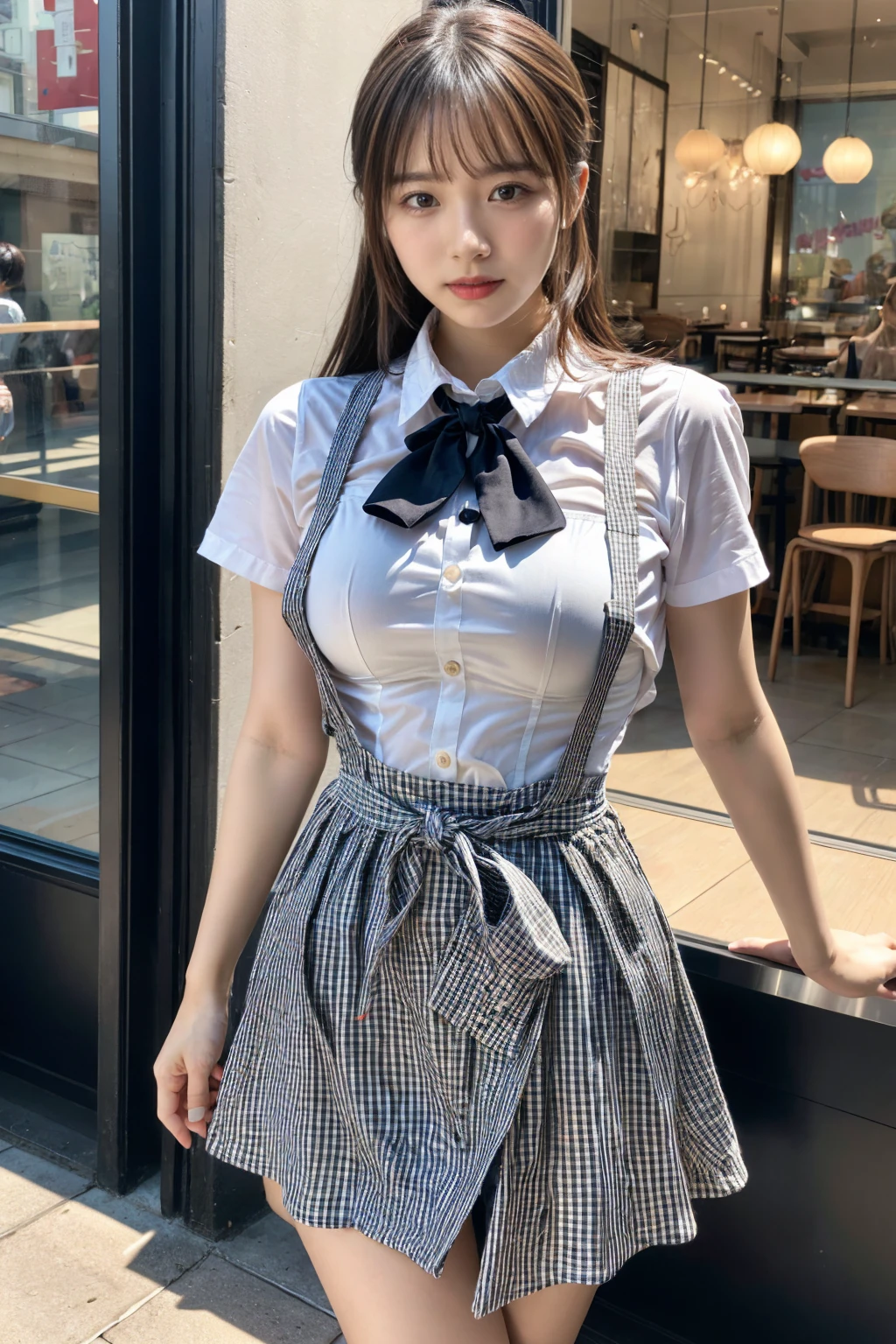 (8K, RAW Photos, Highest quality, masterpiece:1.3), (professional photography, full colors, studio-caliber color grading), (Gravure quality for high-end fashion magazines),  BREAK, 1girl, (boyish:1.15), (mannish:1.1), (double-breasted,underbust:1.2), Big Natural Color Lip, (Plumpy body:1.2), (smooth skin:1.1), (breasts:1.2),  BREAK, (gingham-check suspender-apron:1.2), (solid-blue high-waist skirt:1.2), (apron over skirt:1.1), (white blouse:1.2), short sleeves, button gap, (solid-blue bow-tie:1.1),  BREAK, dynamic pose, cafe, Restaurant,