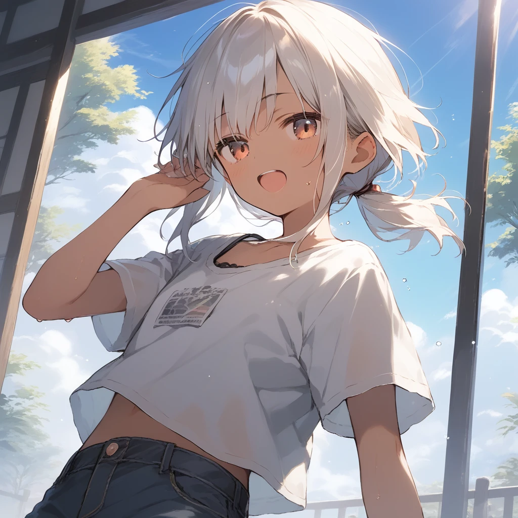 score_9, score_8_up, score_7_up, source_anime, best quality, masterpiece, official art, absurdres, highres, ultra-detailed,waifu2x,Collection: Slice of Life,break,1girl, tomboy, dark-skinned female, short hair, low ponytail, flat chest, beautiful detailed eyes, short shorts, sweat, open mouth, (yawn:0.3), sleepily, outdoors, wind, break,(clear line illustration:1.2),very high resolution, very aesthetic, super detailed skin, Best sexual lighting powered by famous artist, 8k,cute picture,beauty illustration,photoshop_(medium),,(Detailed Lighting),best anime 8k konachan wallpaper, pixiv contest winner, 