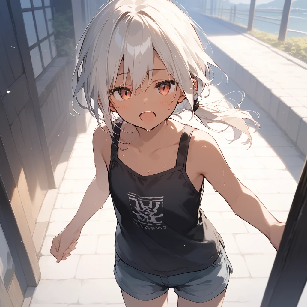 score_9, score_8_up, score_7_up, source_anime, best quality, masterpiece, official art, absurdres, highres, ultra-detailed,waifu2x,Collection: Slice of Life,break,1girl, tomboy, dark-skinned female, short hair, low ponytail, flat chest, beautiful detailed eyes, short shorts, sweat, open mouth, (yawn:0.3), sleepily, outdoors, wind, break,(clear line illustration:1.2),very high resolution, very aesthetic, super detailed skin, Best sexual lighting powered by famous artist, 8k,cute picture,beauty illustration,photoshop_(medium),,(Detailed Lighting),best anime 8k konachan wallpaper, pixiv contest winner, 