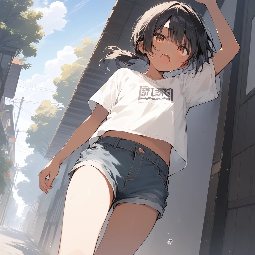 score_9, score_8_up, score_7_up, source_anime, best quality, masterpiece, official art, absurdres, highres, ultra-detailed,waifu2x,Collection: Slice of Life,break,1girl, tomboy, dark-skinned female, short hair, low ponytail, flat chest, beautiful detailed eyes, short shorts, sweat, open mouth, (yawn:0.3), sleepily, outdoors, wind, break,(clear line illustration:1.2),very high resolution, very aesthetic, super detailed skin, Best sexual lighting powered by famous artist, 8k,cute picture,beauty illustration,photoshop_(medium),,(Detailed Lighting),best anime 8k konachan wallpaper, pixiv contest winner,