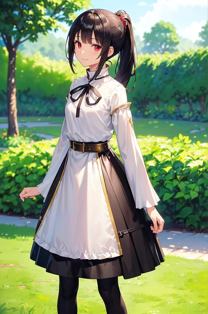 (masterpiece; best quality: 1.2), (finely detailed eyes: 1.3), ((10 year old female ???)), ((solo)), (red eyes: 1.4), (body; short, slender: 1.3), (black hair in ponytail: 1.3), (beautiful and clear background: 1.2), ((depth of field)), (clothes: wanderer mage attire + white-and-gold wide-sleeve high-neck shirt + very long black skirt + dark pantyhose + belts + traveler pouches and satchel: 1.3), (anime illustration: 1.2), (background; garden exterior: 1.1), (extremely fine and beautiful: 1.1), (shot composition; standing + centered on torso + close-up: 1.5), (expression; calm, smile: 1.2)