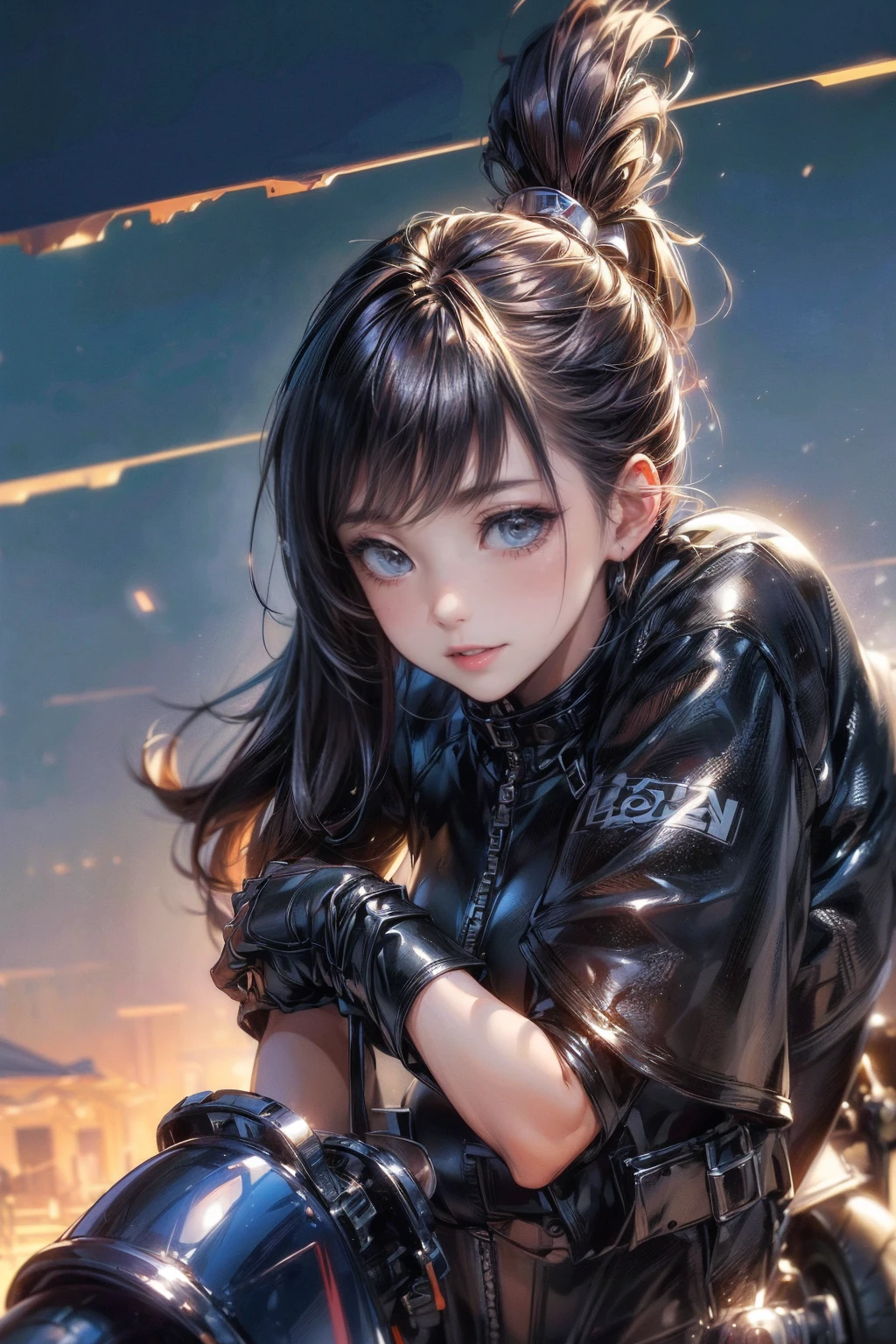 nsfw、(masterpiece, Highest quality, Super detailed:1.3), Perfect composition, 4K, (Very detailed, Super detailed), Patent leather leotard、Long gloves、Knee-high boots, High resolution, 8k Texture, Attention to detail, Very detailed肌の質感, Magnificent details, High Sharpness, One girl, (Fine grain:1.3), (25-year-old woman:1.3),(Fully cowled motorcycle)、((Spanning a motorcycle:1.3))、View Viewer、smile