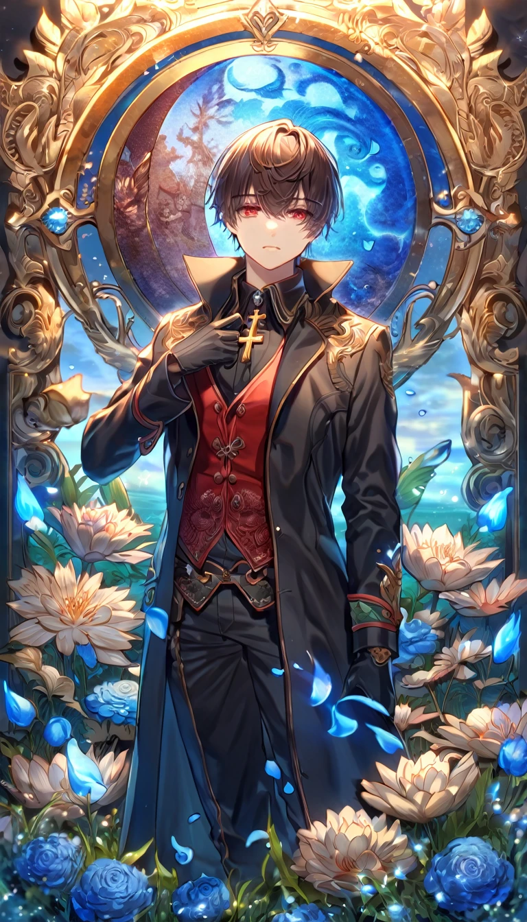 absurdres, highres, ultra detailed, HDR, master piece, Elian, dark brown hair, expressive red eyes, cross neckle, red vest, Demon Fantasy, sexy man, handsome, best quality, blue moon, flowers, fantasy, magical, solo, black coat, water, blue shining fireflies, hunter, black gloves, black shirt, blue petals, toned chest