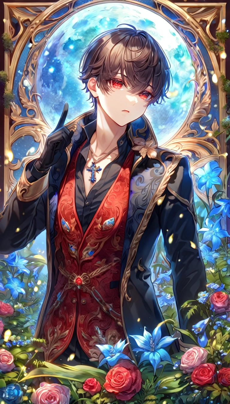 absurdres, highres, ultra detailed, HDR, master piece, Elian, dark brown hair, expressive red eyes, cross neckle, red vest, Demon Fantasy, sexy man, handsome, best quality, blue moon, flowers, fantasy, magical, solo, black coat, water, blue shining fireflies, hunter, black gloves, black shirt, blue petals, toned chest