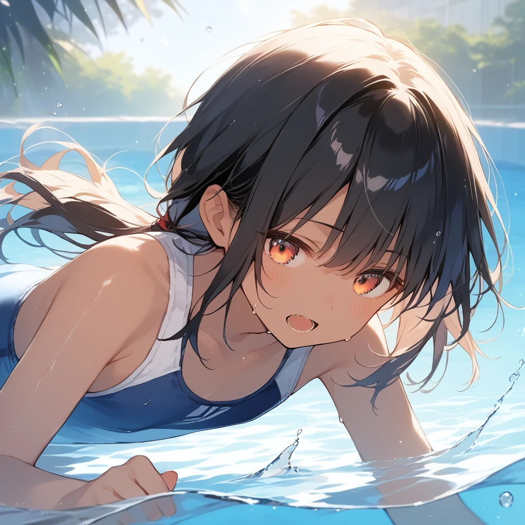 score_9, score_8_up, score_7_up, source_anime, best quality, masterpiece, official art, absurdres, highres, ultra-detailed,waifu2x,Collection: Slice of Life,break,1girl, tomboy, dark-skinned female, short hair, low ponytail, flat chest, beautiful detailed eyes, swimsuit, sweat, open mouth, (yawn:0.3), sleepily, swimming, outdoors, wind, break,(clear line illustration:1.2),very high resolution, very aesthetic, super detailed skin, Best sexual lighting powered by famous artist, 8k,cute picture,beauty illustration,photoshop_(medium),,(Detailed Lighting),best anime 8k konachan wallpaper, pixiv contest winner, 