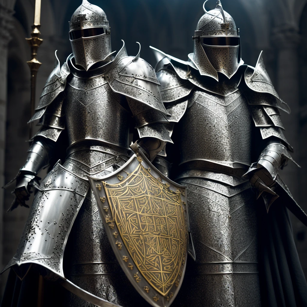 arafed knight in full armor, medieval crusader saint, Edward Norton as King Baldwin IV, medieval crusader saint, square-jawed in medieval clothing, paladin of light, medieval saint crusader knight, silver armor with gold ornaments and covered with white silk, shades clear, dramatic mask, dramatic light
