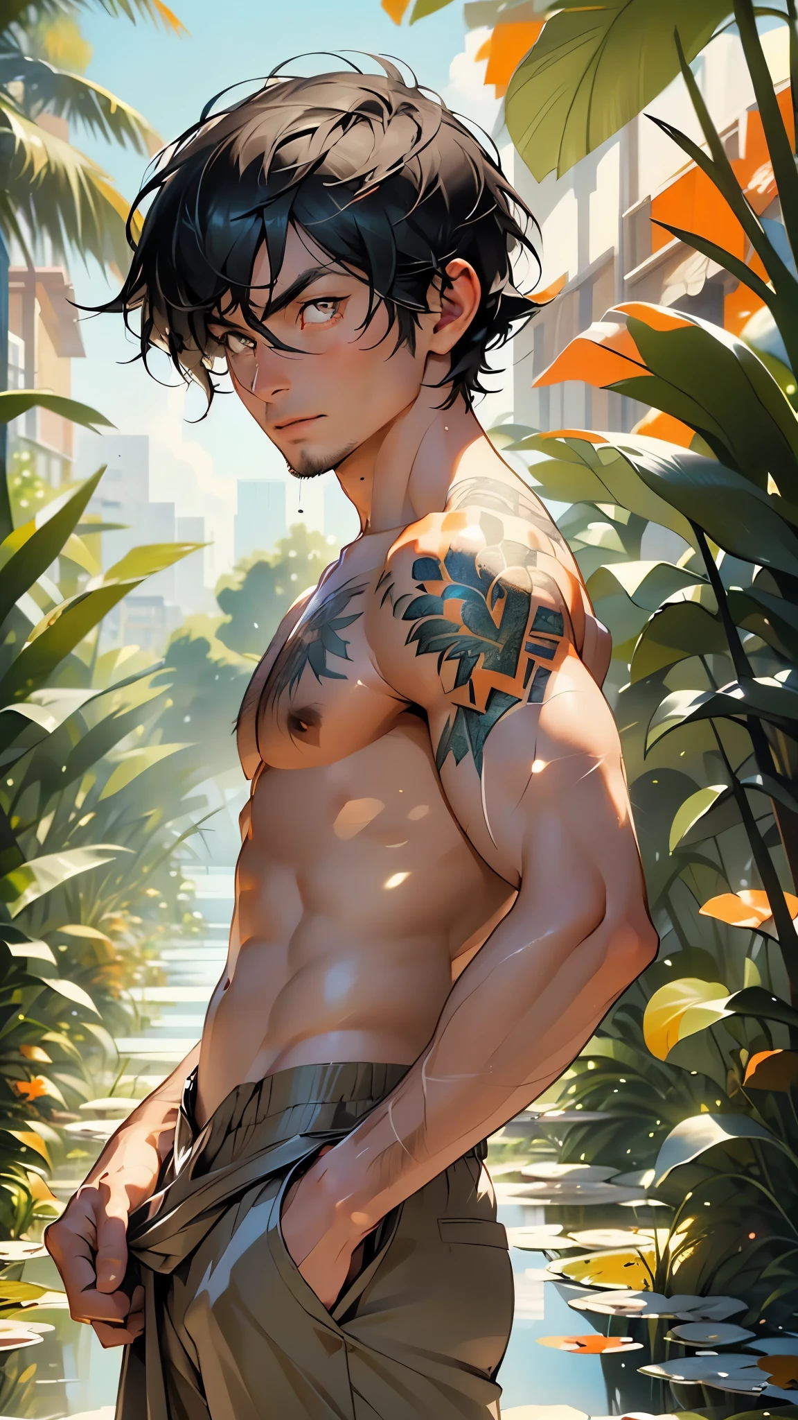 (man:1.5),1 man,male, muscle, 1boy, muscle, pectoral, muscular, Mature man,45 year,1 man,macho man,an extremely detailed face,((black hair,short cut hair,very short hair,black hair)),(((stubble:1.5))), (((orange_eyes:1.3))),intricate eyes,beautiful detailed eyes,symmetrical eyes,perfect face,((detailed face)),macho man,
(male arabic archer),arabic soldier,,
(((lustrous skin:1.5,tanned skin,bright skin: 1.5,skin tanned,shiny skin,very shiny skin,shiny body))),heroic,nsfw,
(((bare chest,naked torso))),arm tattoo,shirtless,drawing bow,arabic pants,((bulge in pants)),traveler's shoulder bag,(((intricate outfit,intricate clothes))),
dynamic pose,looking at viewer,centered,scale to fit dimensions,Rule of thirds,
outdoors,(Arab palace,Arab palace background,pyramids in the background),scenery,(oasis,oasis background),extremely scenery,(puddles everywhere,moss,moss on the background),clouds,Arab style,Arab castle,lily pads,palms,reeds,(sunset, golden hour),
(Glossy Arab ornaments),highres,sharp focus,(ultra detailed,extremely detailed),(photorealistic artwork:1.37),(extremely detailed CG unity 8k wallpaper),(((vibrant colors,vibrant theme))),(intricate),(masterpiece),(best quality),artistic photography,(photography taken by sldr),(intricate background),perfect rendered face,perfect face details,realistic face,photo realistic,((intricate detail)),(((realism))),