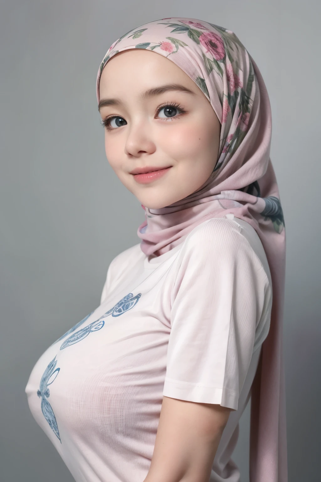 Chubby adorable, 1 girl, (face to face), 10 years old, baby face, happy, half body portrait, (face details: 1), (eye details: 1), ((big breasts)). wearing transparent transparency softpink long shirt, hijab, .. Cute posed. proportional body. Ultra High Res. realistic: 1.4, UHD, (floral pattern), view from side seductive pose 