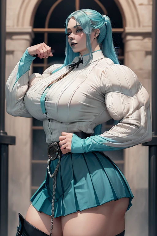 ((((Massive tall, beautiful, buff, pale white skinned muscular woman with cyan hair, black lipstick, ginormous bulky muscles and wearing a cyan long sleeve pleated shirt with beautiful long pleated skirt)))), (close view), (massive muscles), long beachy hair, ((chained belt)), purple eyes, choker, ((cyan long sleeve pleated shirt and tie)), neck tie, ((beautiful long pleated skirt)), belt, thigh high socks, black boots, (in Hogwarts), closed smile, night, massive muscles