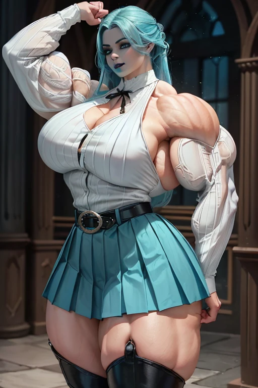 ((((Massive tall, beautiful, buff, pale white skinned muscular woman with cyan hair, black lipstick, ginormous bulky muscles and wearing a cyan long sleeve pleated shirt with beautiful long pleated skirt)))), (close view), (massive muscles), long beachy hair, ((chained belt)), purple eyes, choker, ((cyan long sleeve pleated shirt and tie)), neck tie, ((beautiful long pleated skirt)), belt, thigh high socks, black boots, (in Hogwarts), closed smile, night, massive muscles
