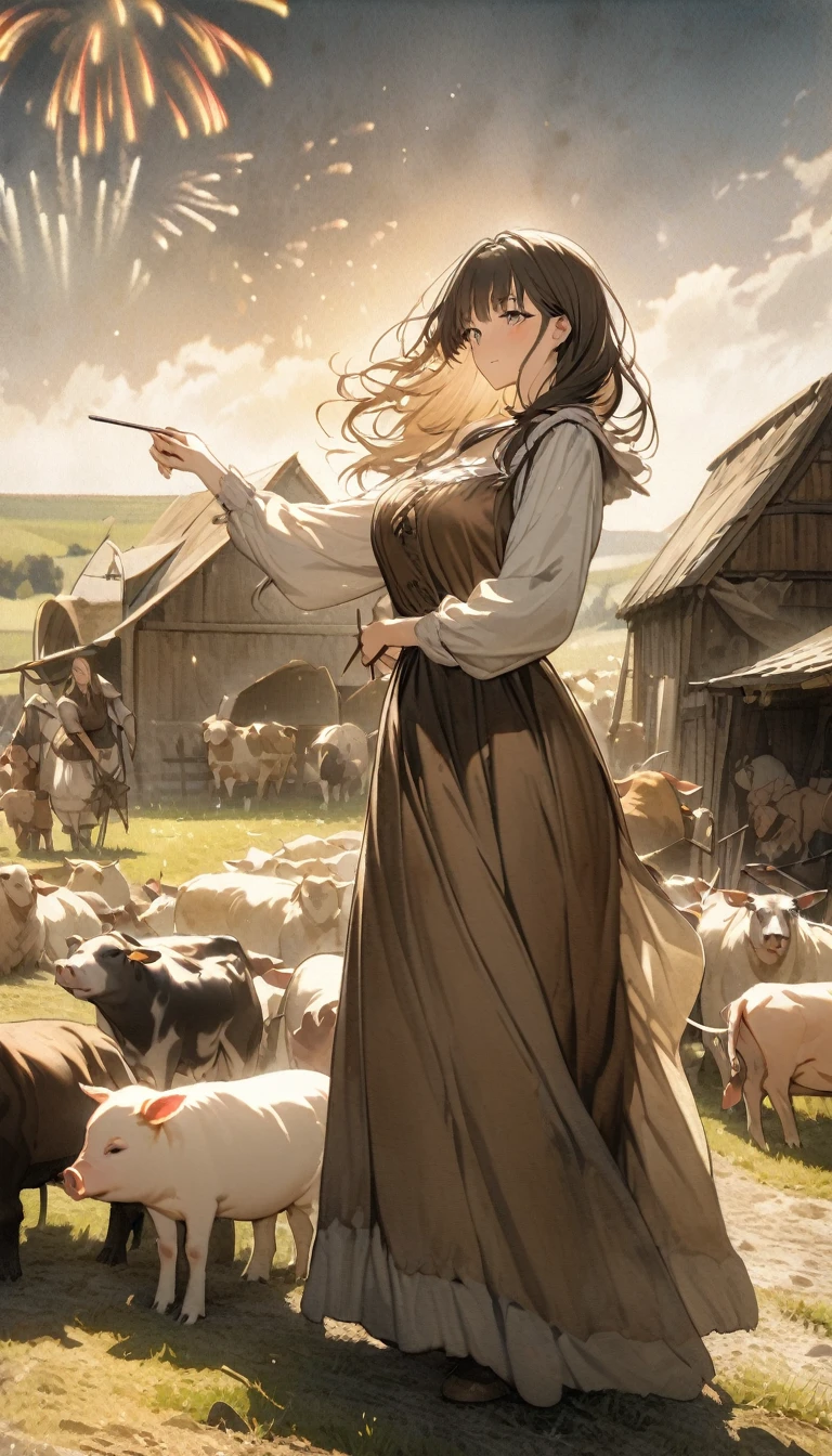 best quality, super fine, 16k, 2.5D, delicate and dynamic depiction, huge beautiful shining iridescent colors fireworks, BREAK, sepia tones, medieval European peasant women, fields, hoes, cows, sheep, pig, chicken, dog, livestock, sheds, prime lenses, lens filters, clear subject, fusion of watercolors and oil paintings, fusion of paper cutting and shadow puppetry