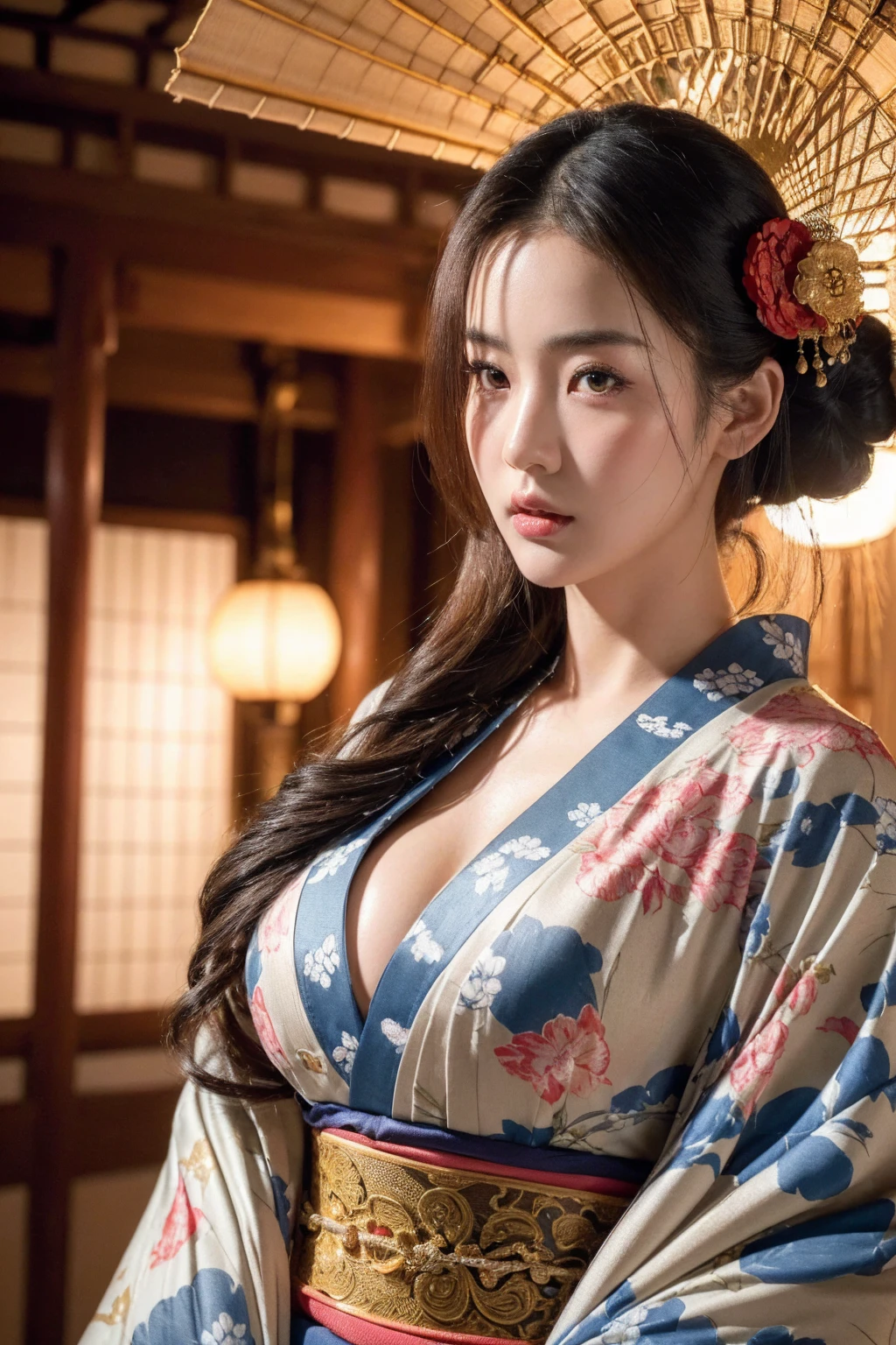 big breasted japanese woman wearing elaborate kimono, shrine, cinematic atmosphere, (best quality,4k,8k,highres,masterpiece:1.2),ultra-detailed,(realistic,photorealistic,photo-realistic:1.37),(looking at viewer),intricate details,beautiful ornate kimono,detailed facial features,detailed eyes and lips,elegant pose,dramatic lighting,vibrant colors,ornate background