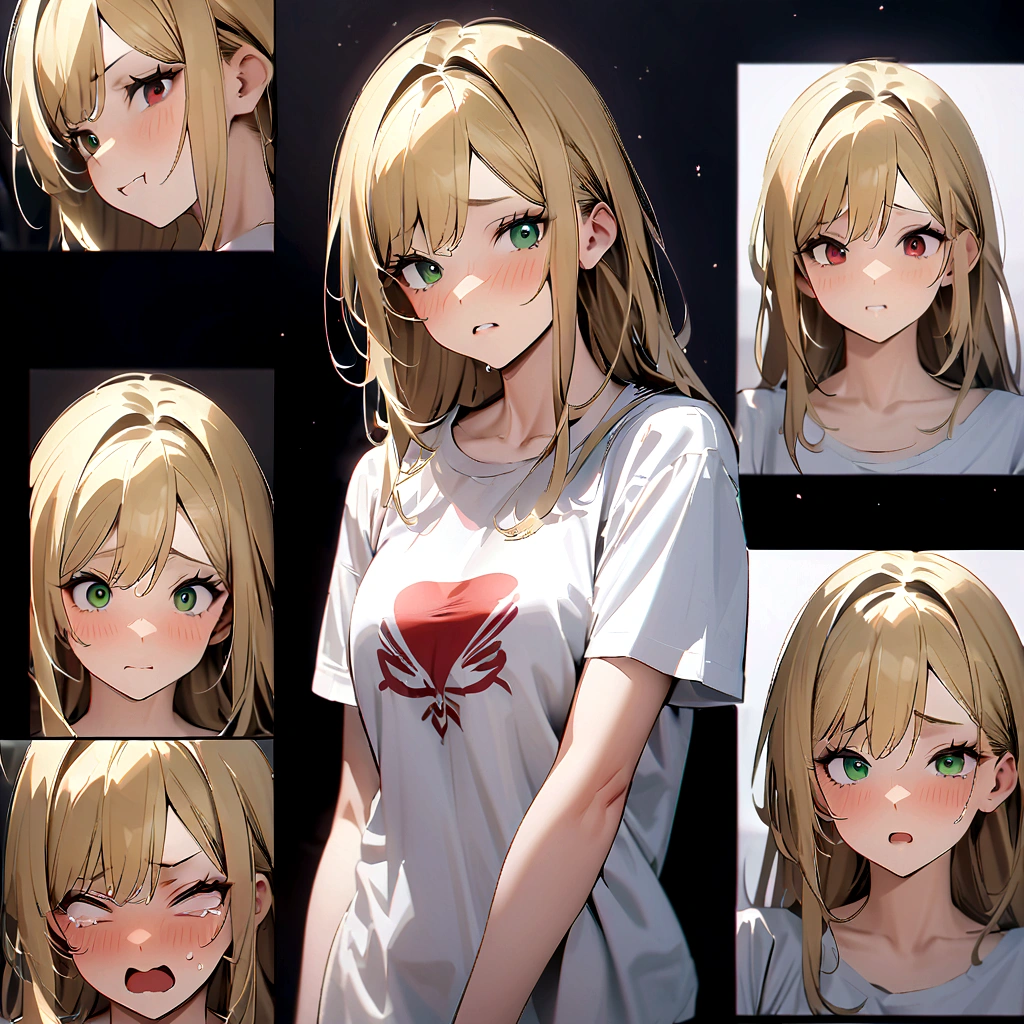 1 Girl,Three-quarters view from the right,Gray background,Facial expression expressions,the same person,9 facial expressions,grid,Long hair,(Blonde hair:1.4),Green Eyes,微lol,lol,cry,tired,狡黠的假lol,Shy,Bad temper,surprise,Fear,rest(Red T-shirt:1.4),best quality,masterpiece,Very detailed,Very detailed,8K