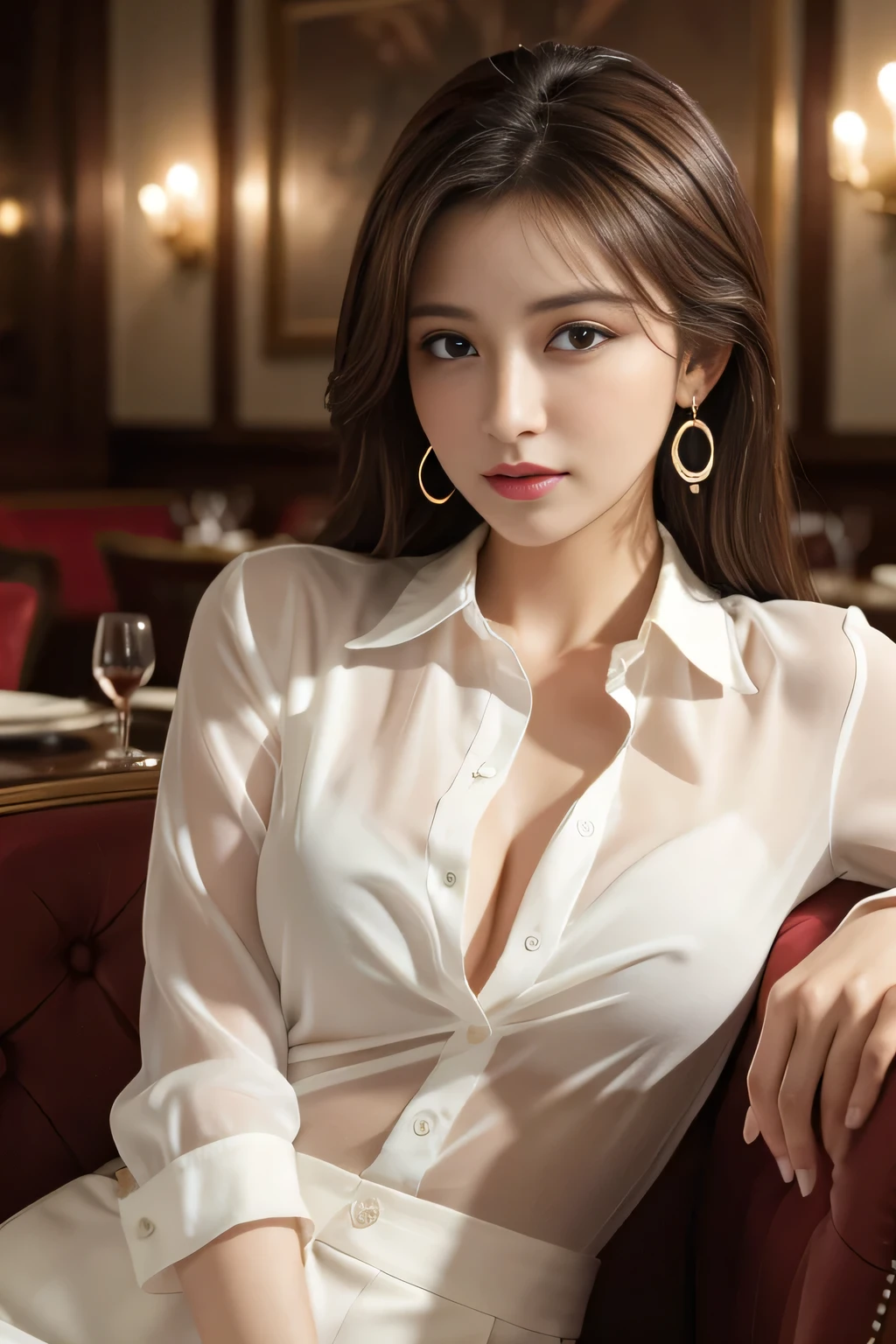 masterpiece, Highest quality, Realistic, Very detailed, Finer details, High resolution, 8k wallpaper, One beautiful woman, Wear an elegant white see-through shirt, In a great restaurant, At night, Light brown messy hair, Perfect dynamic composition, Beautiful and beautiful eyes、Big earrings、Sit on a chair、