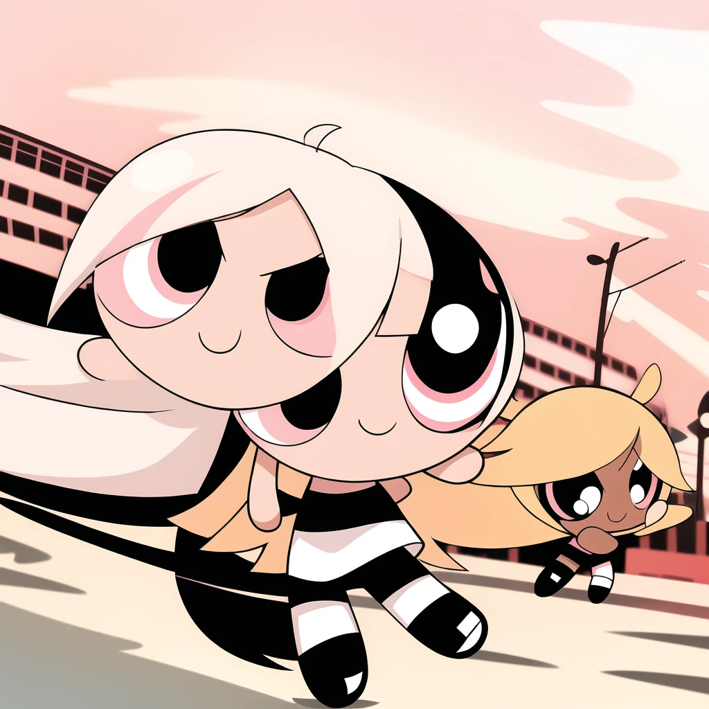 smile,chibi, full body, 1girl, white long hair, pink eyes, black short sleeve shirt, black shorts,