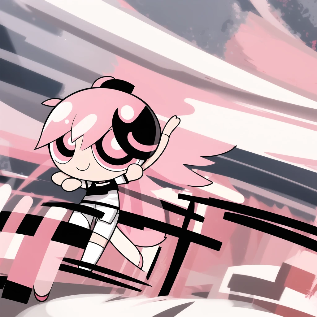 smile,chibi, full body, 1girl, white long hair, pink eyes, black short sleeve shirt, black shorts,