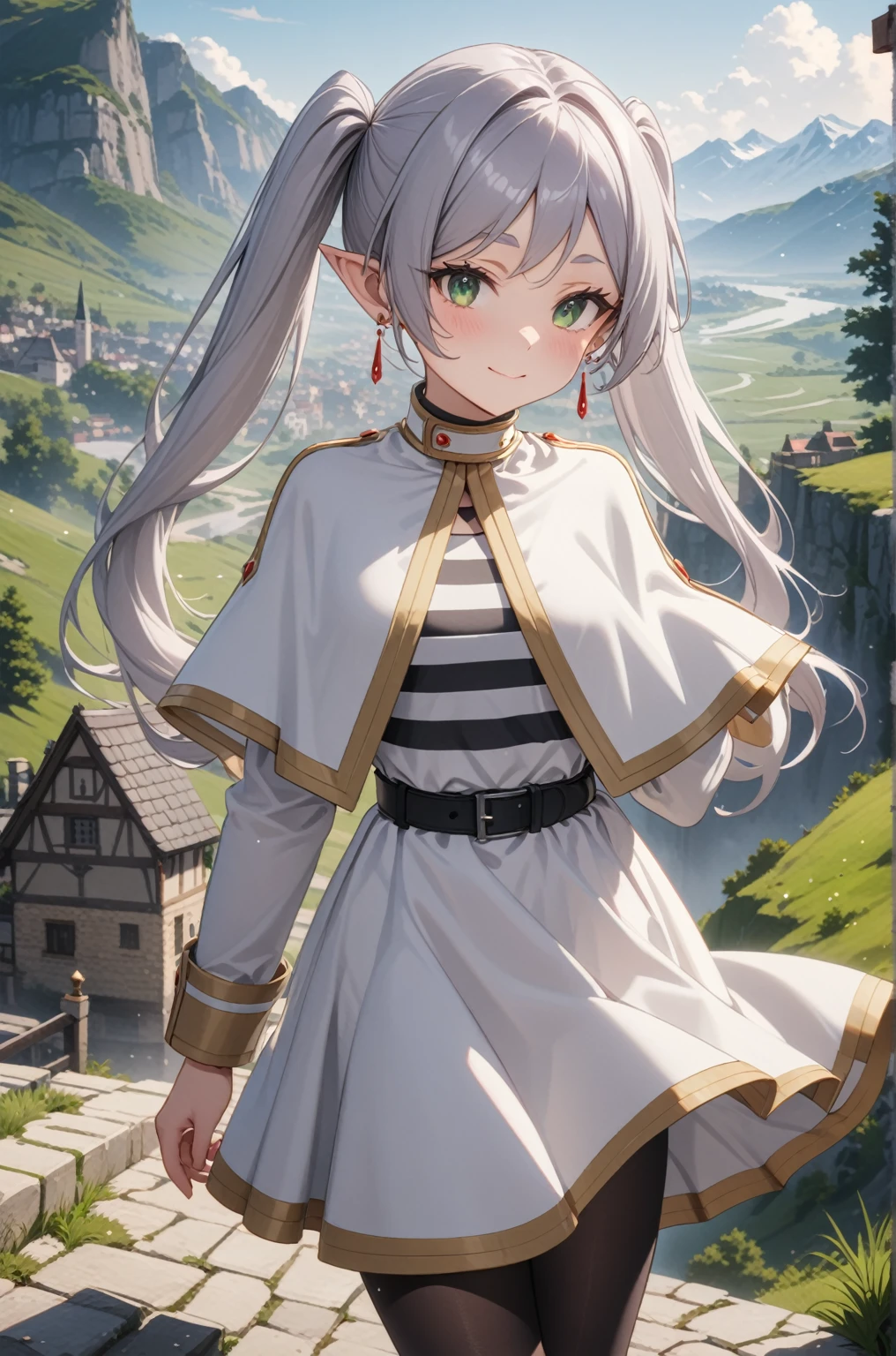 One girl, Freezing, Beautiful smile, Green Eyes, Gray Hair, Long Hair, Twin tails, Earrings, White capelet, Striped shirt, Long sleeve, belt, White Skirt, Black Pantyhose, landscape, Looking at the audience, masterpiece, Highest quality, so beautiful, Absurd, up to date, Complex details, Complex, AI-generated,  