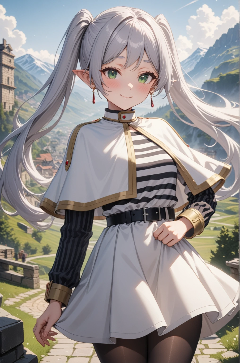 One girl, Freezing, Beautiful smile, Green Eyes, Gray Hair, Long Hair, Twin tails, Earrings, White capelet, Striped shirt, Long sleeve, belt, White Skirt, Black Pantyhose, landscape, Looking at the audience, masterpiece, Highest quality, so beautiful, Absurd, up to date, Complex details, Complex, AI-generated,  