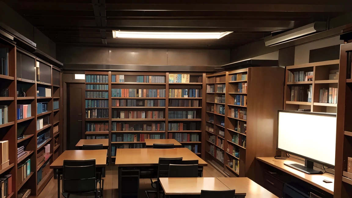 A narrow and dark study、The back wall is completely covered with bookshelves、There is one desk with a PC in the center.、No people、Front horizontal view