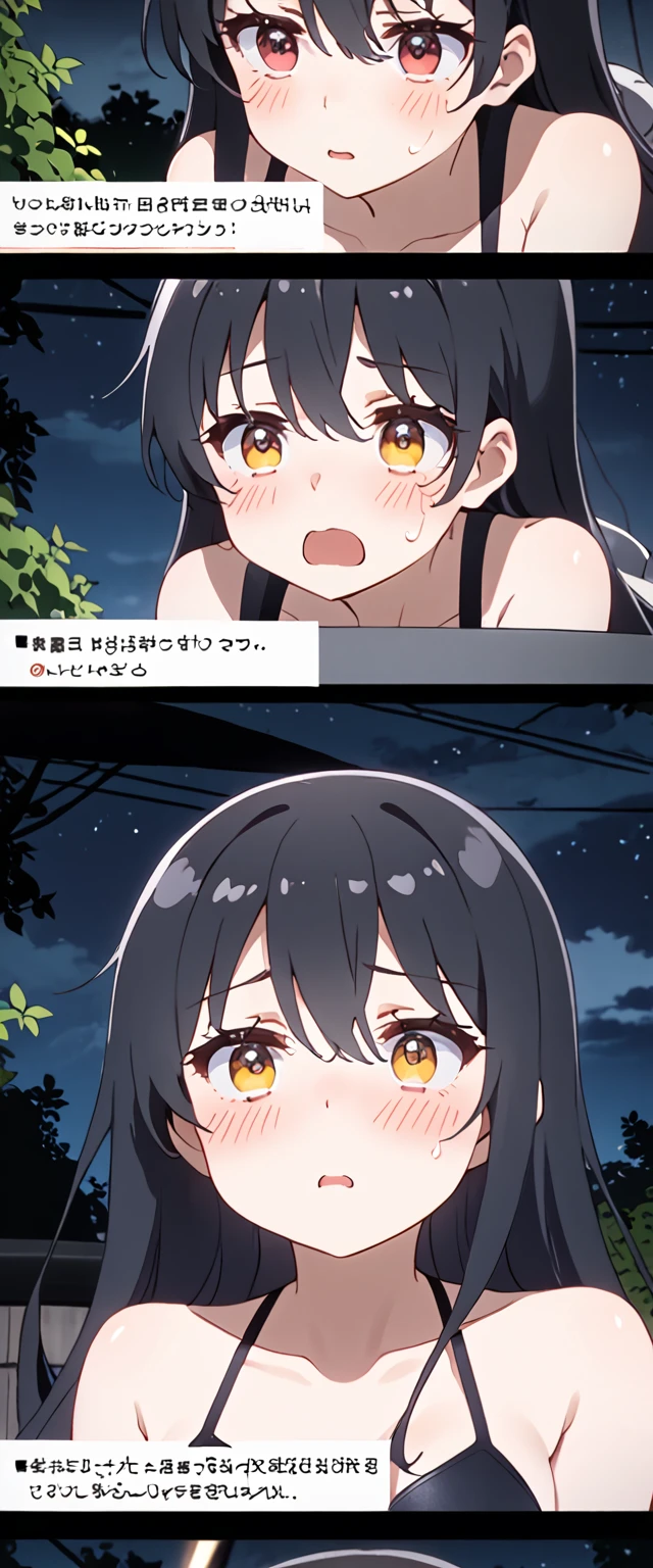 One person、The eyes are covered by the bangs、piece、Black scroll swimsuit、、Outdoors at night、Blushing、Deep Throat、My eyes are hidden++、Steamed