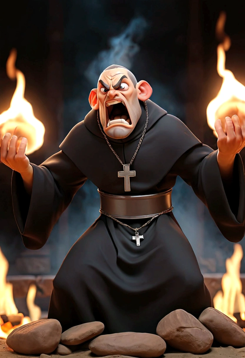 Create an image with a muscular, maromba priest in a cassock tearing up with so much muscle, the priest has an angry expression on his face, he is in a pose of exposure with a crucifix in his hand, expelling demons with a background of fire, the desperate demon ful hd