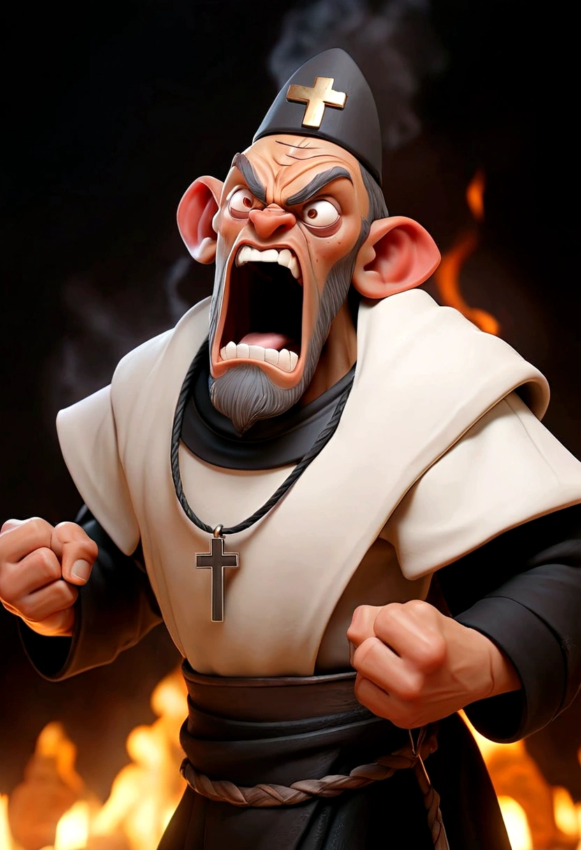 Create an image with a muscular, maromba priest in a cassock tearing up with so much muscle, the priest has an angry expression on his face, he is in a pose of exposure with a crucifix in his hand, expelling demons with a background of fire, the desperate demon ful hd